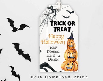 Editable Trick Or Treat Favor Tags Halloween Favor Tags Boo Gift Tags Costume Party Birthday Download Printable Template Pumpkin Tag