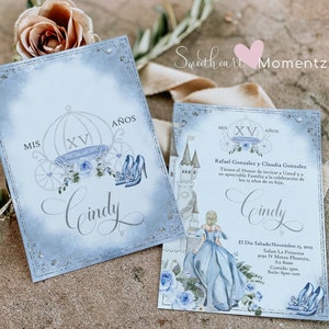 Blue and Silver Princess Quinceanera Invitation, Blue and Silver Quinceanera Invitation, Cinderella Quinceanera Invitation