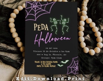 May include: A black Halloween party invitation with a spiderweb design and dancing skeleton figures. The invitation includes the text "Peda Halloween" and event details in Spanish, with the website "sweetheartmomentz.com".