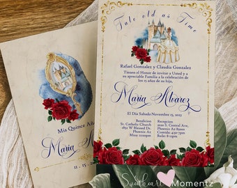 May include: A Quinceañera invitation with a fairytale theme. The invitation features a watercolor illustration of a castle, a princess, and red roses. The text on the invitation reads "Tale old as Time" and "Maria Alvarez". The invitation also includes details about the celebration, including the date, time, and location.