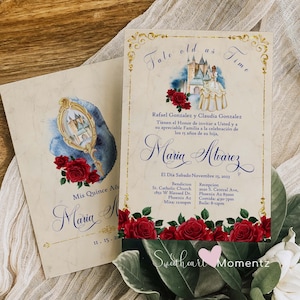 Red and Gold Quinceanera Invitation, Beauty and the Beast Quinceanera Invitation, Red Rose Quinceanera, Princess Quinceanera Invitation