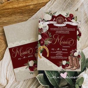 Burgundy Charro Quinceanera Invitation, Charro Quinceanera, Burgundy and white Quinceanera, Charro Invitation, Western Quinceanera Invitatio