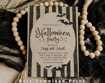 May include: Halloween party invitation with a vintage design. The invitation features a cream-colored oval with the words "Halloween Party" in a spooky font, accompanied by bat and bone graphics. The background has vertical stripes and spiderwebs.