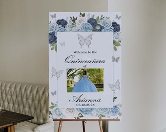 Blue and Silver Butterfly Quinceanera Welcome Sign, Butterfly Quinceanera, Blue and Silver Quinceanera, Mis Quince Anos Sign, Blue Mis Quinc