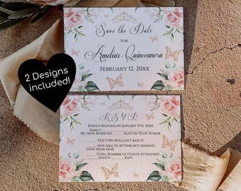 Blush Pink Quinceanera Save the Date, Pink Quinceanera RSVP card, Butterfly Quinceanera Save the date, Pink Floral Butterfly RSVP