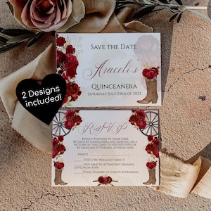 Red Charro Quinceanera Save the Date, Charro Quinceanera RSVP card, Red Quinceanera Save the date, Charro Save the date, Charro RSVP