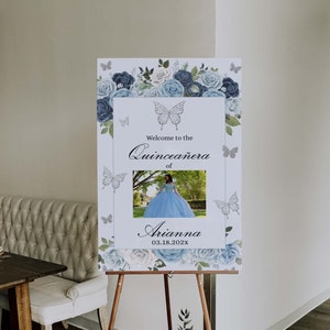 Blue and Silver Butterfly Quinceanera Welcome Sign, Butterfly Quinceanera, Blue and Silver Quinceanera, Mis Quince Anos Sign, Blue Mis Quinc