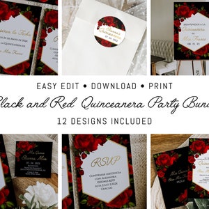 Red Rose Quinceanera, Pacchetto invito Quinceanera , Invito Quinceanera oro nero rosso, Invito in spagnolo, Pacchetto invito
