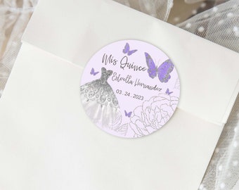 Purple Butterfly Quinceanera Party Favors, Purple Quinceanera Stickers, Purple Quinceanera Labels, Purple Quinceanera Tag, 2in Round,