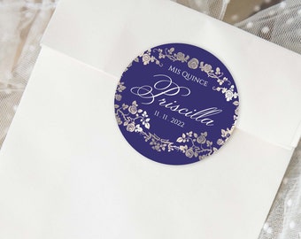Blue and Silver Quinceanera Party Favors, Blue Quinceanera Stickers, Blue Quinceanera Labels, Blue Quinceanera Tag, 2in Round,