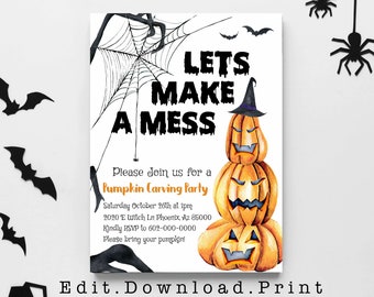 May include: A Halloween-themed invitation with the text "LET'S MAKE A MESS" and "Pumpkin Carving Party." The invitation features a stack of three orange pumpkins with carved faces, a spider web, bats, and a witch's hat. The website address is at the bottom.