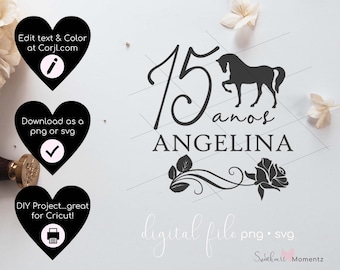 May include: Black and white digital file design featuring the number 15 with the text "anos ANGELINA" and a horse silhouette. The design includes a rose and leaves.