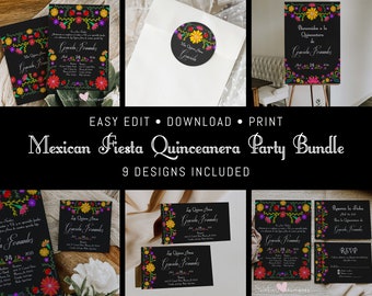 Mexican Quinceanera Party Bundle, Invitation in Spanish, Mexican Style Invitations Bundle, Mexican Quinceanera Invitation, Fiesta Invitation