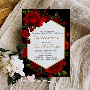 Red Rose Quinceanera Invitations, Red and Gold Quinceanera Invitation, Red and Black Quinceanera Invitation, 15th Birthday Invitation