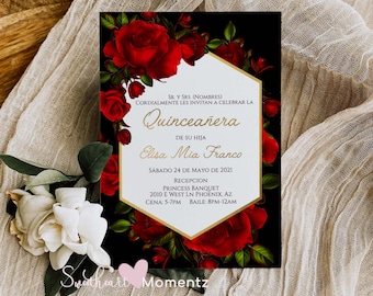 Red Rose Quinceanera Invitations, Red and Gold Quinceanera Invitation, Red and Black Quinceanera Invitation, 15th Birthday Invitation