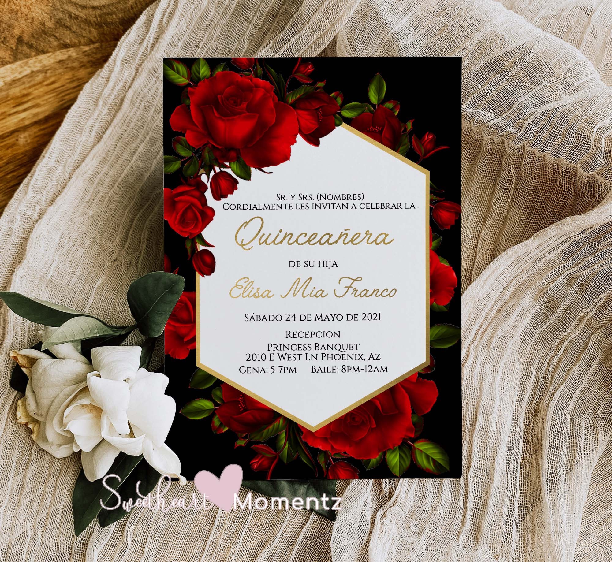 Red Rose Quinceanera Invitations, Red and Gold Quinceanera Invitation, Red and Black Quinceanera Invitation, 15th Birthday Invitation