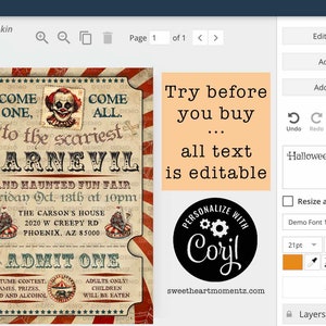 May include: A Halloween-themed invitation design with a vintage carnival aesthetic. The design features a clown illustration, the text "Come One, Come All" and details for a haunted fun fair. Includes the text "Try before you buy... all text is editable."