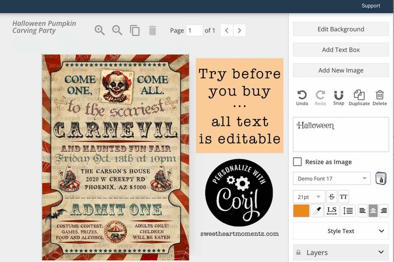 May include: A Halloween-themed invitation design with a vintage carnival aesthetic. The design features a clown illustration, the text "Come One, Come All" and details for a haunted fun fair. Includes the text "Try before you buy... all text is editable."