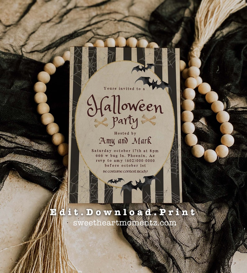 May include: Halloween party invitation with a vintage design. The invitation features a cream-colored oval with the words "Halloween Party" in a spooky font, accompanied by bat and bone graphics. The background has vertical stripes and spiderwebs.