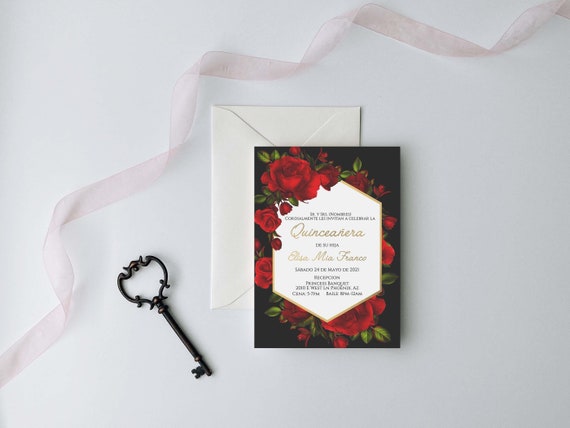Red Rose Quinceanera Invitations, Red and Gold Quinceanera Invitation, Red and Black Quinceanera Invitation, 15th Birthday Invitation Il_570xn