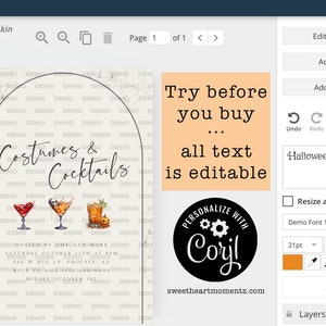 May include: A digital invitation design for a Halloween Pumpkin Carving Party. The design features the text "Costumes & Cocktails" with watercolor illustrations of cocktails. Includes editable text and a "Try before you buy" message.