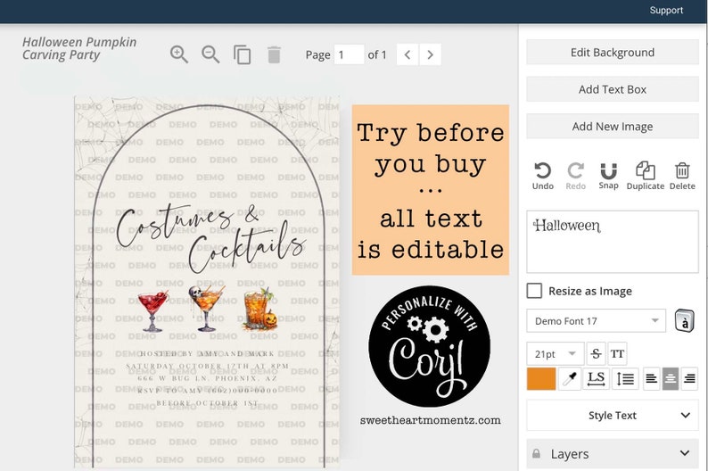 May include: A digital invitation design for a Halloween Pumpkin Carving Party. The design features the text "Costumes & Cocktails" with watercolor illustrations of cocktails. Includes editable text and a "Try before you buy" message.