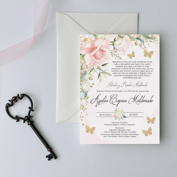 Pink Floral with Gold Butterflies Quinceanera Invitation, Pink Quinceanera Invitation, Pink Invitation, Blush Invitation, Blush Quinceanera Il_570xn