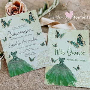 Emerald Green and Gold Butterfly Quinceanera Invitation, Butterfly Quinceanera, Emerald Green and Gold Quinceanera, Mis Quince Anos