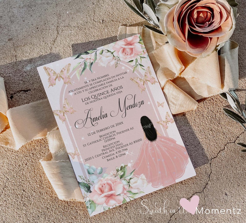 Blush Butterfly Quinceanera Invitation, Butterfly Quinceanera, Rose Gold Quinceanera, Spanish Invitation, 15th Birthday, Butterfly Birthday image 6