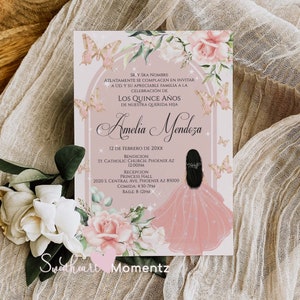 Blush Butterfly Quinceanera Invitation, Butterfly Quinceanera, Rose Gold Quinceanera, Spanish Invitation, 15th Birthday, Butterfly Birthday image 1