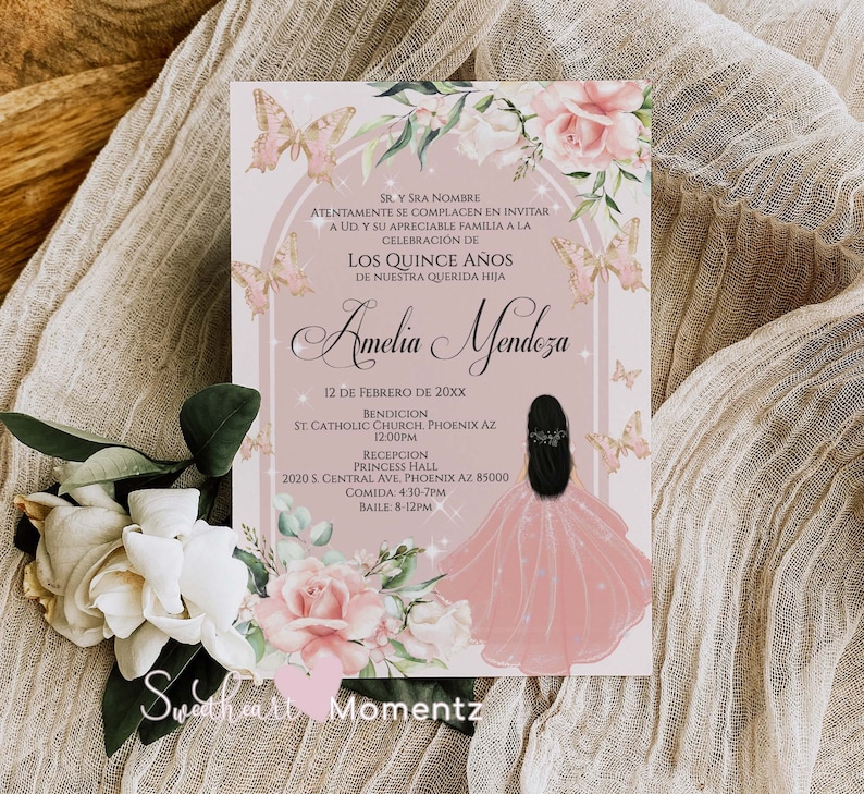 Blush Butterfly Quinceanera Invitation, Butterfly Quinceanera, Rose Gold Quinceanera, Spanish Invitation, 15th Birthday, Butterfly Birthday image 1