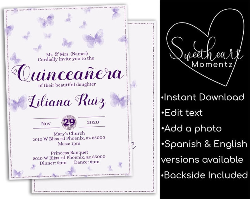 Butterfly Quinceanera Invitation Purple Quinceanera Etsy