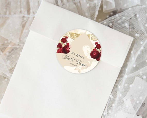 Red Gold Charro Quinceanera Party Favors, Red Quinceanera Stickers, Red Quinceanera Labels, Red Quinceanera Tag, Red and Gold, 2in Circle, Il_570xn