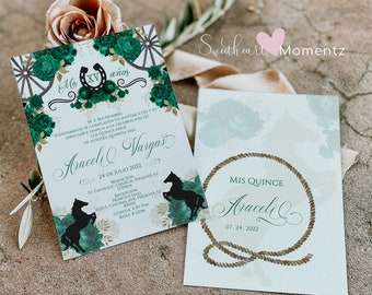 May include: A green and gold quinceañera invitation with a horseshoe and floral design. The invitation includes the name Araceli Vargas and the date July 24, 2022. The invitation also includes the location and time of the ceremony and reception.