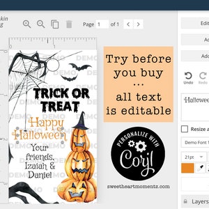 May include: A Halloween-themed party tag with a pumpkin carving design. The tag features the text "Trick or Treat" and "Happy Halloween", along with a stack of pumpkins. The tag measures 2 x 3.5 inches.