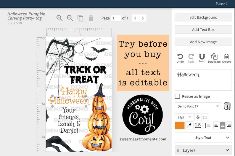 May include: A Halloween-themed party tag with a pumpkin carving design. The tag features the text "Trick or Treat" and "Happy Halloween", along with a stack of pumpkins. The tag measures 2 x 3.5 inches.