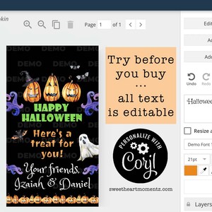 Pu&ograve; includere: Grafica nera a tema Halloween con tre zucche intagliate, pipistrelli e un fantasma. Il testo include "Happy Halloween" e "Here's a treat for you!" con opzioni di testo modificabili. Design per una festa di intaglio.