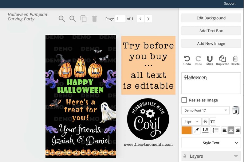 Pu&ograve; includere: Grafica nera a tema Halloween con tre zucche intagliate, pipistrelli e un fantasma. Il testo include "Happy Halloween" e "Here's a treat for you!" con opzioni di testo modificabili. Design per una festa di intaglio.