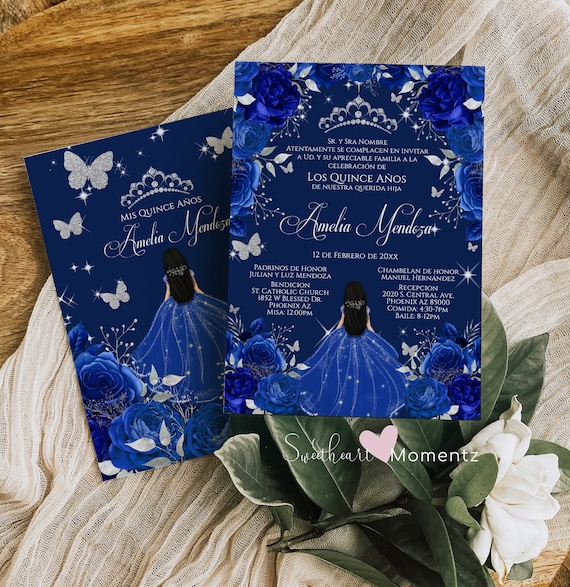 Blue and Silver Butterfly Quinceanera Invitation, Butterfly Quinceanera, Blue Quinceanera, Royal Blue Quince, Royal Blue Butterfly Il_570xn