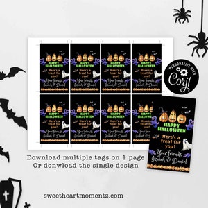 Pu&ograve; includere: Bigliettini regalo a tema Halloween con zucche, fantasmi e la scritta "Happy Halloween". I bigliettini sono neri con dettagli arancioni, viola e bianchi. I bigliettini sono personalizzati con nomi e la frase "Here's a treat for you!"