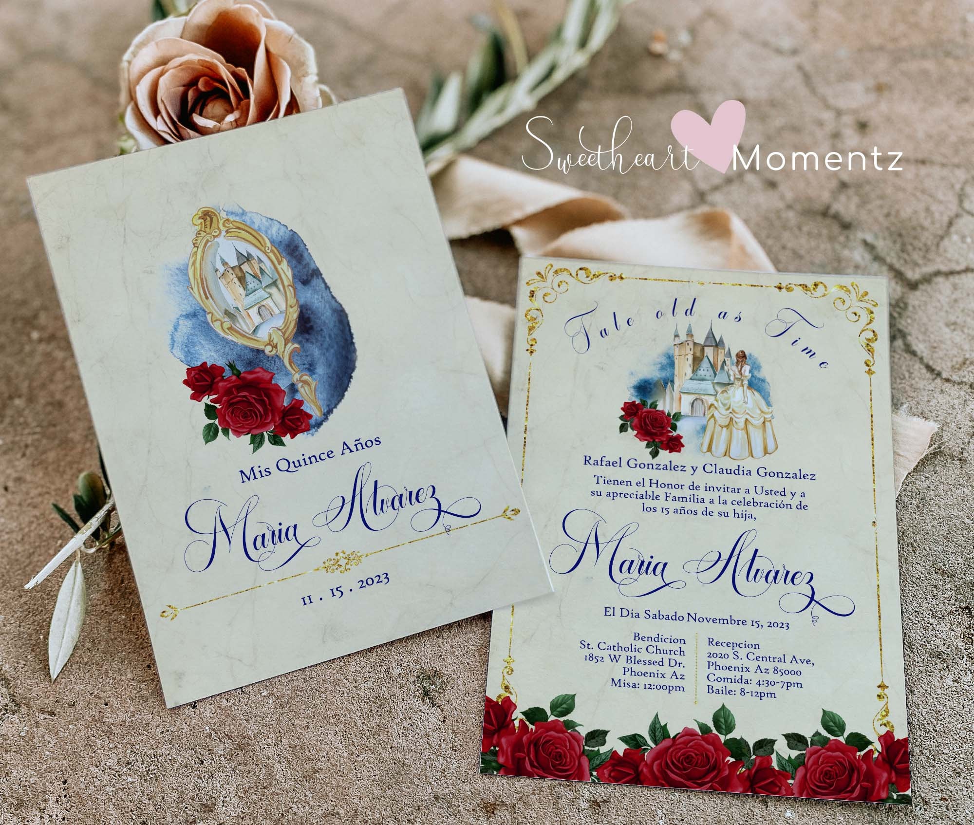 Red and Gold Quinceanera Invitation, Beauty and the Beast Quinceanera