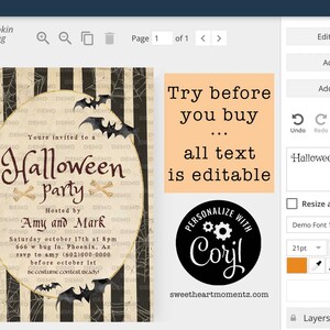 May include: A Halloween party invitation with a vintage design. The invitation features bats, spiderwebs, and the text "Halloween Party." The text "Try before you buy...all text is editable" is also displayed.