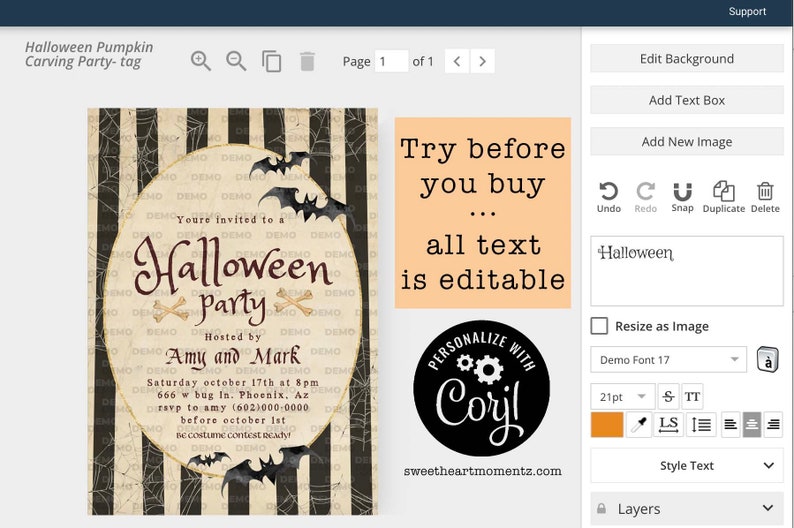 May include: A Halloween party invitation with a vintage design. The invitation features bats, spiderwebs, and the text "Halloween Party." The text "Try before you buy...all text is editable" is also displayed.