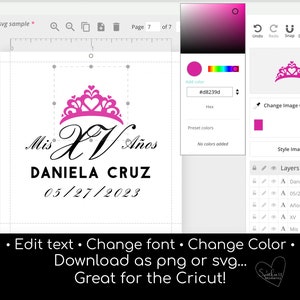 May include: A digital design for a quincea&ntilde;era celebration. The design features a pink crown, the text "Mis XV A&ntilde;os", a name, and a date. The design is suitable for use on invitations, decorations, or other party supplies.