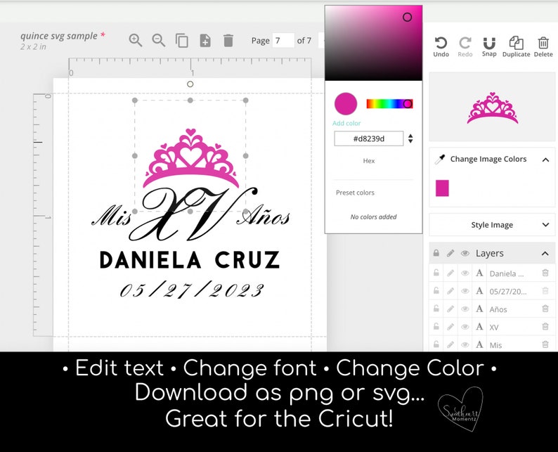 May include: A digital design for a quincea&ntilde;era celebration. The design features a pink crown, the text "Mis XV A&ntilde;os", a name, and a date. The design is suitable for use on invitations, decorations, or other party supplies.