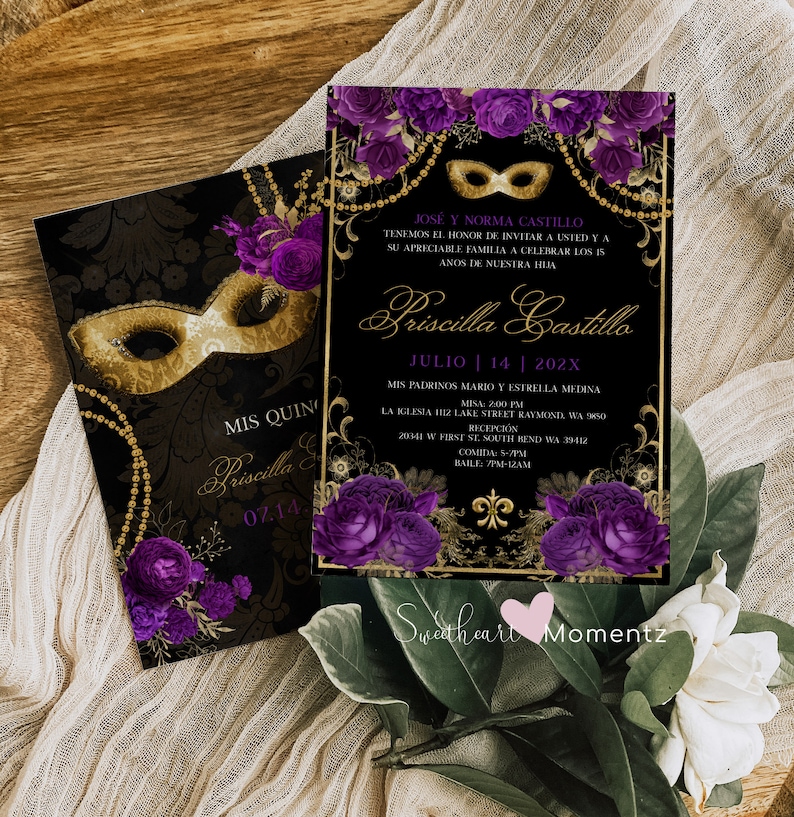Purple Black Gold Masquerade Quinceanera Invitation 15th Etsy
