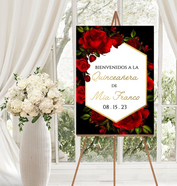 Red Rose Quinceanera Welcome Sign, Red and Gold Quinceanera Invitation, Red and Black Quinceanera Invitation, 15th Birthday Welcome Sign Il_570xn