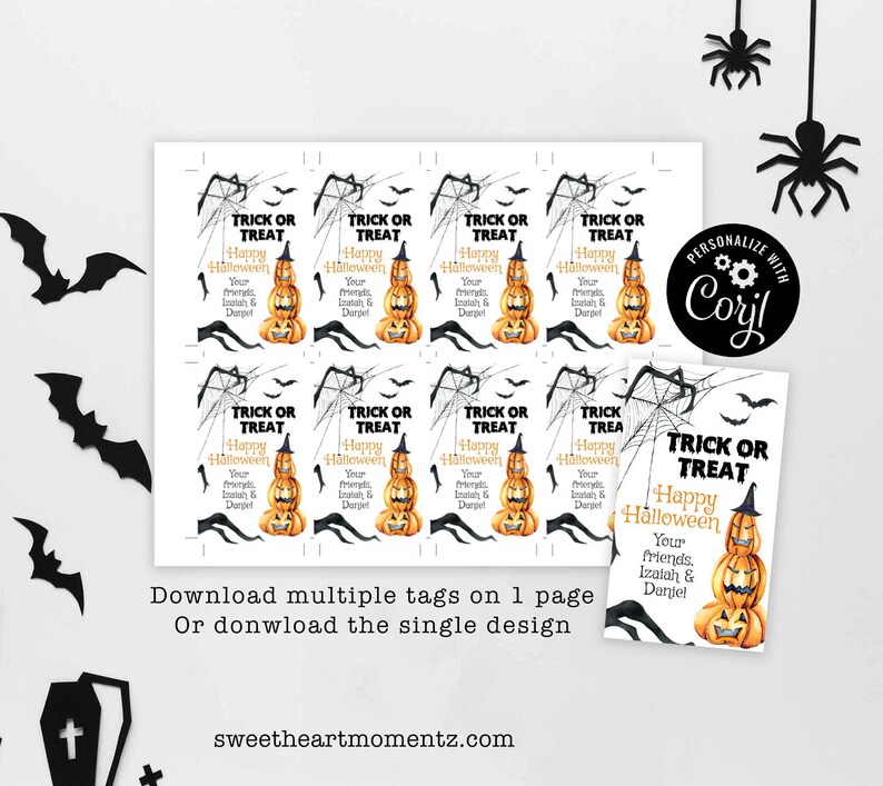 May include: Halloween-themed gift tags with a pumpkin design. Each tag features the text "Trick or Treat" and "Happy Halloween". The tags are printed on a white background with black spiderwebs and bats. The tags are personalized with names.