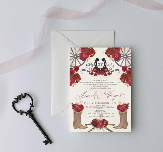 Red Charro Quinceanera Invitation, Charro Quinceanera, Red and Gold Quinceanera, Charro Invitation, Western Quinceanera Invitation, Charro 7 Il_570xn