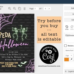 Pu&ograve; includere: Un'etichetta per feste di Halloween con sfondo nero, con ragnatele viola neon e figure di scheletri danzanti. Il testo include "PEDA Halloween" e i dettagli dell'evento in spagnolo e inglese. Un logo dice "Personalize with Corjl".
